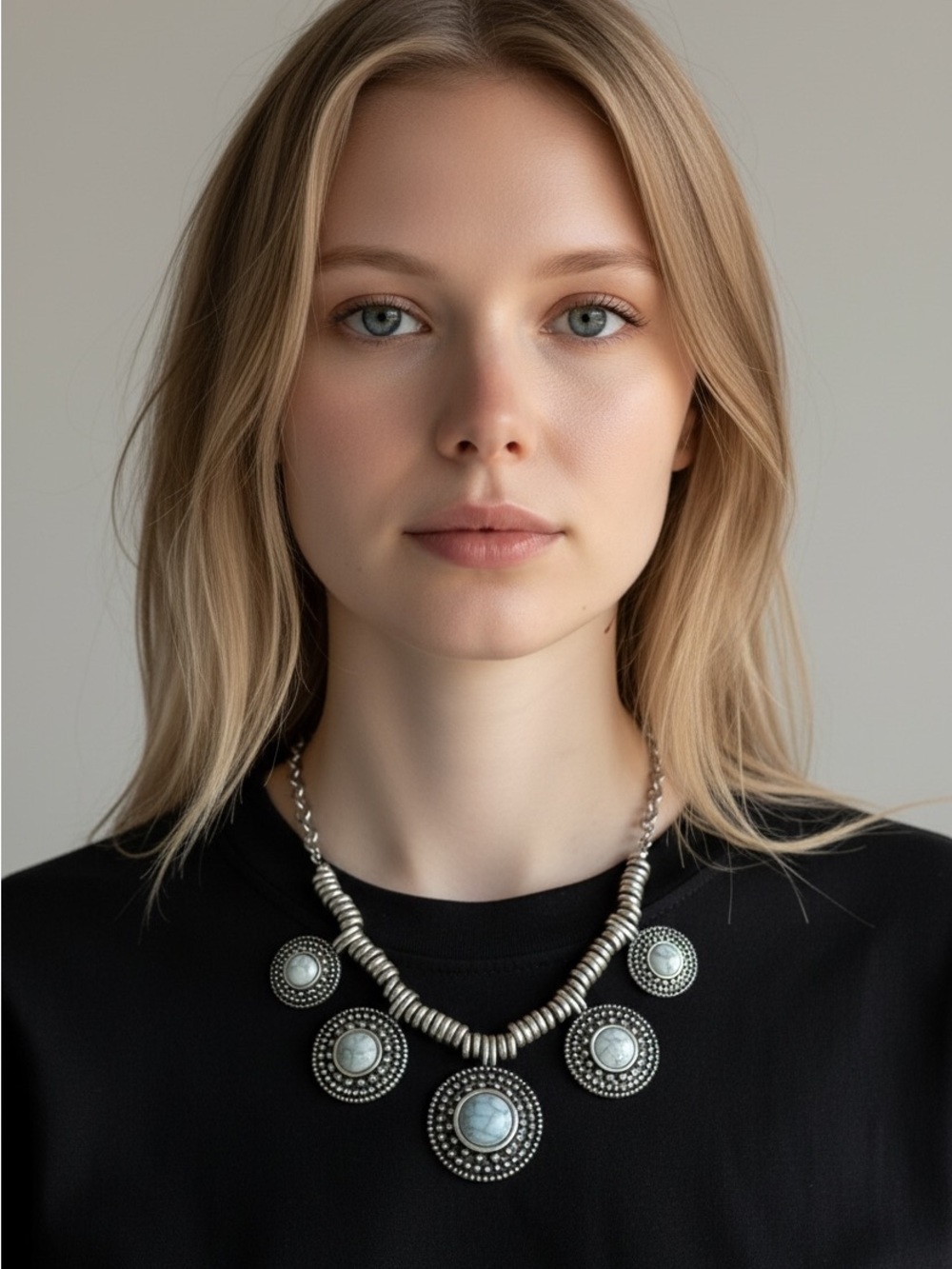 9/24 Silver-Tone Statement Necklace with Light Blue Stone Medallions